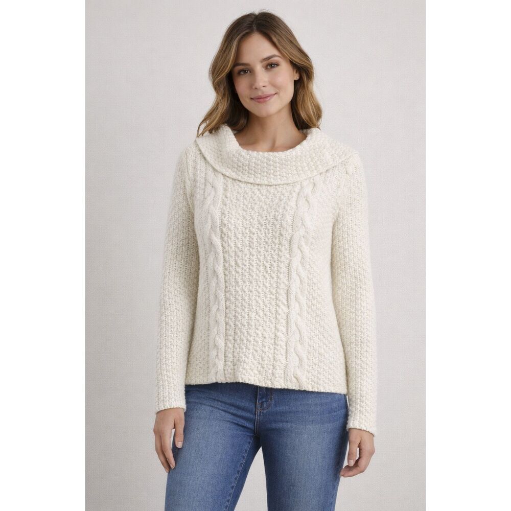 Chico’s Cable Knit Cowl Neck Sweater Cream Size 1 Medium